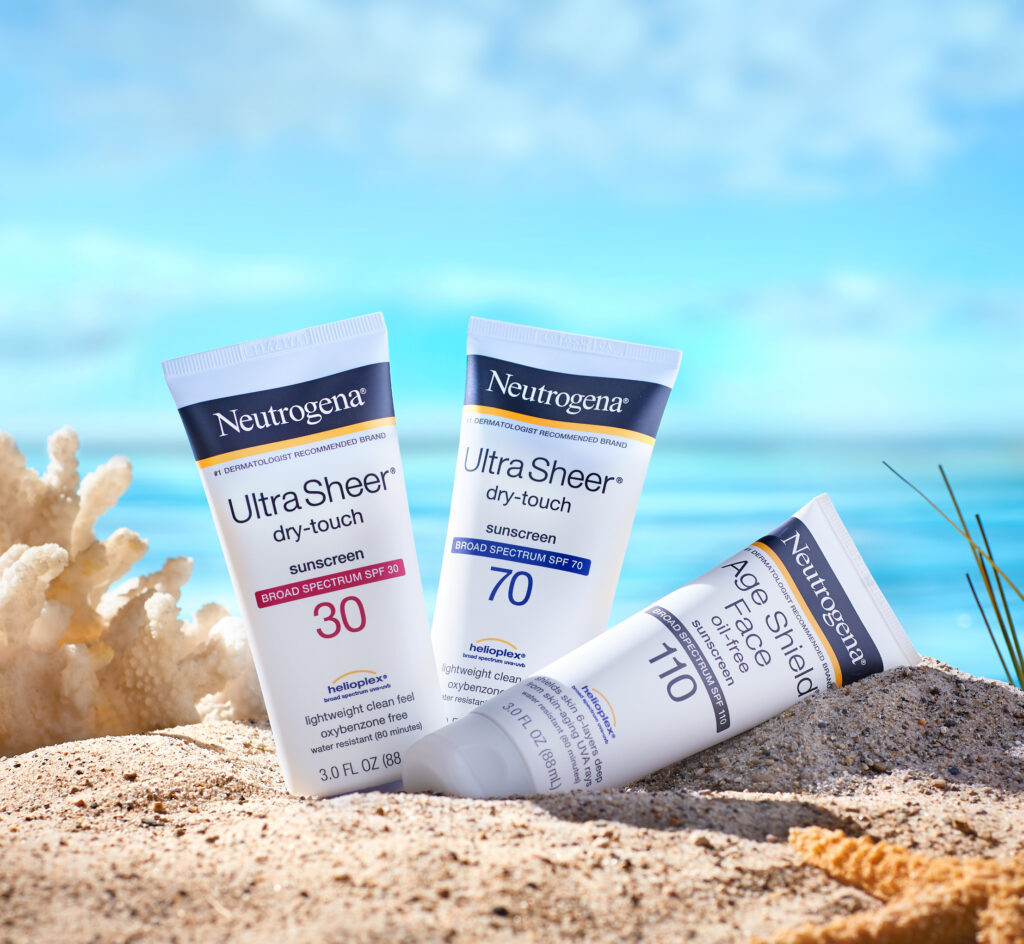 Sunscreen products on a beach