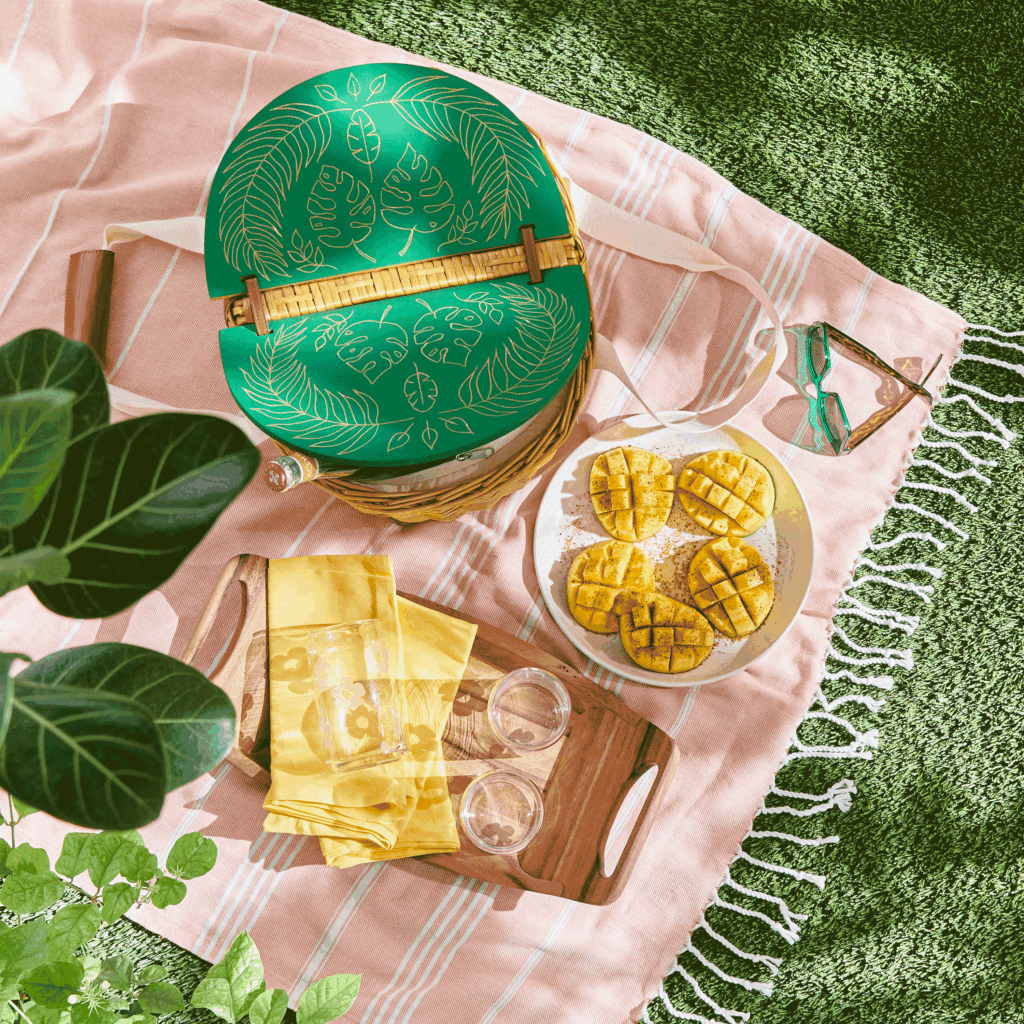 Summer picnic spread on a blanket in grass