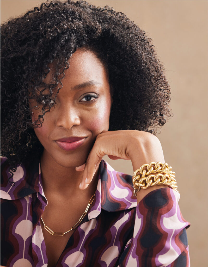 Woman wearing a patterned blouse