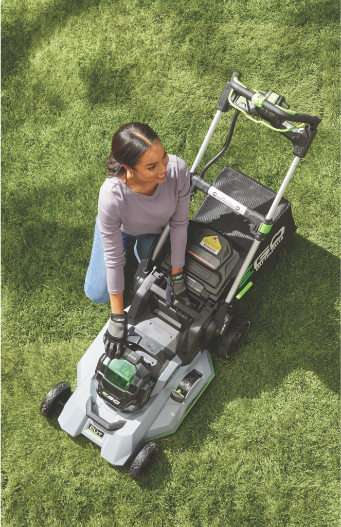 Woman mowing a lawn with a push mower, overhead view