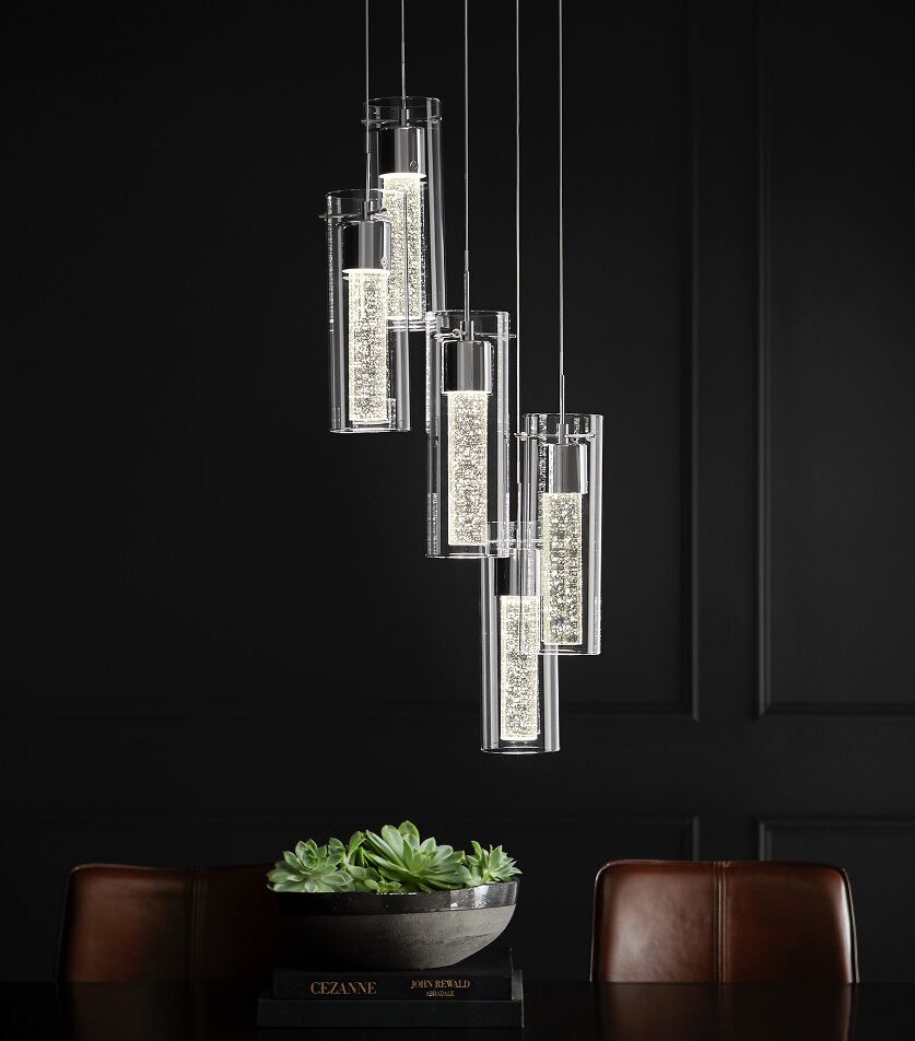 Modern pendant lights hanging in a dark room