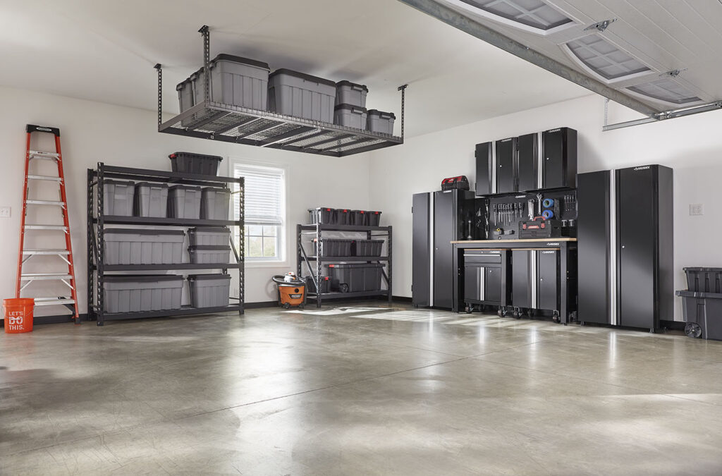 Organized garage with shelving and overhead storage