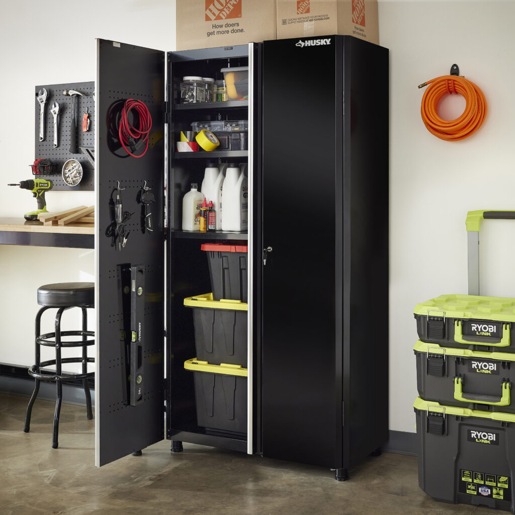 Garage storage cabinets with tools and bins