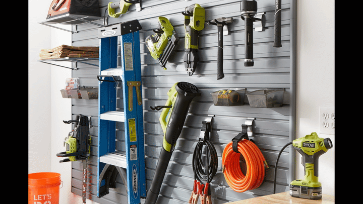 Garage wall with organized tools and equipment