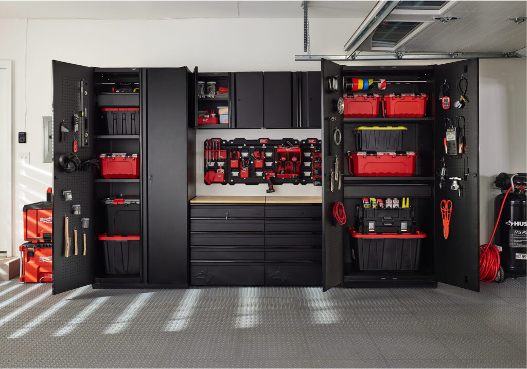 Garage with tool cabinets and pegboard storage
