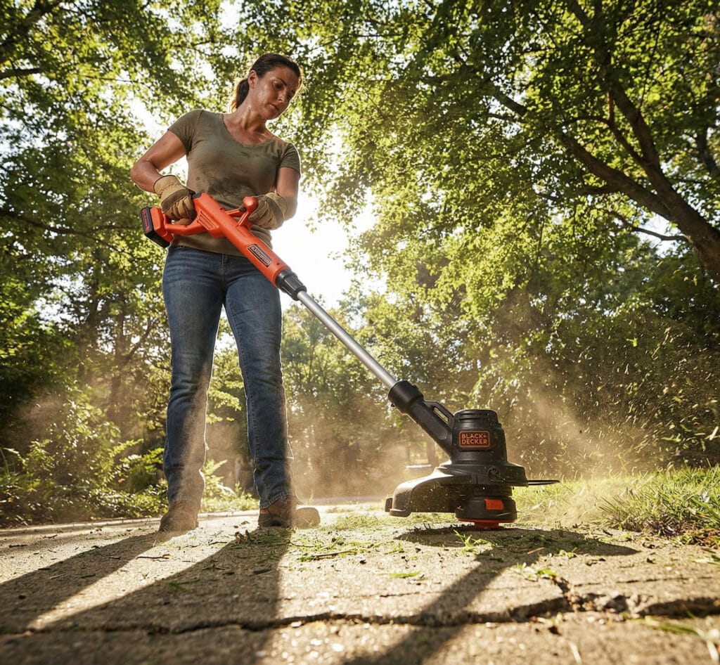 woman holding black & decker weed trimmer yard tool lawn work